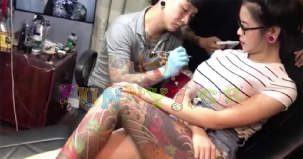 Καλλίγραμμη γυναίκα με τεράστιο στήθος πάει να κάνει τατουάζ αλλά το στήθος της εκρήγνυται